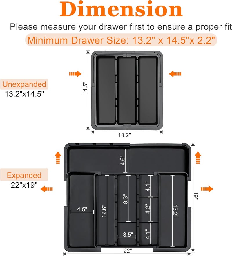 Spaclear Large Utensil Drawer Organizer Expandable Silverware Organizer for Kitchen Drawer Adjustable Cooking Utensil Holder Cutlery Flatware Tray Spatula Tools Gadgets Storage Dividers Plastic Black - Image 2